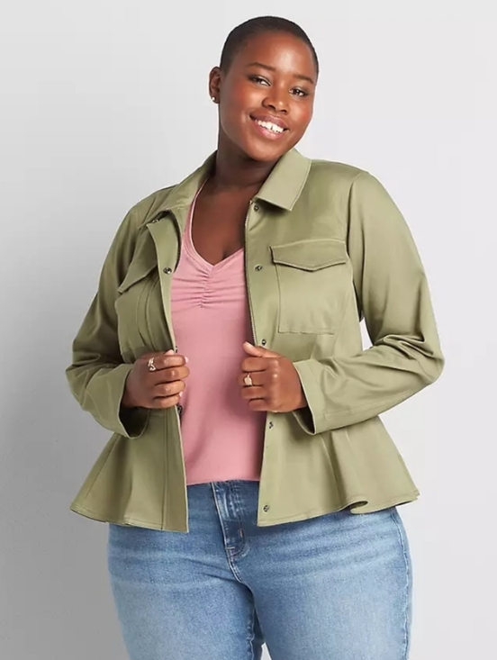 NWT Lane Bryant Green Crop Peplum Utility Jacket Belted Soft Cotton Blend 20 2X - Picture 4 of 16